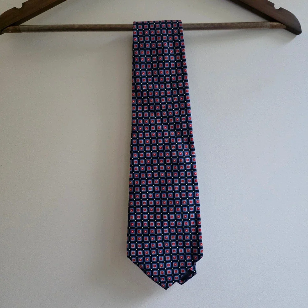 Polo Ralph Lauren Mens Silk Tie Red Blue Geometric Square Pattern‎ Necktie